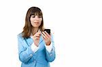 Beautiful businesswoman holding a PDA over a white background