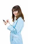 Beautiful businesswoman holding a PDA over a white background