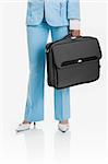 Business active woman standing over a white background with a briefcase in her arms