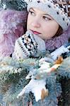 Beautiful girl in hat and mittens in snow-covered evergreens