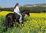 young teenager and her black horse in training of jumping competition