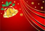 Christmas bells ornamented with holly and ribbon over red background