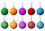 Christmas balls set with ribbons in different colors isolated over white background
