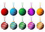 Sriped Christmas balls with ribbons in different colors isolated over white background