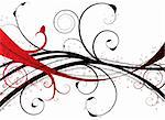 red and black background with a floral theme and flowing lines