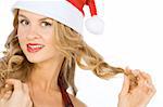 Headshot of attractive blonde female in Santa hat