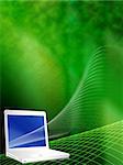 Lap top in cyber effect vector illustration background in green