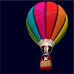 Santa floating in the air in a hot air balloon. Isolated on a dark blue background.