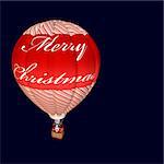 Santa floating in the air in a hot air balloon with candy cane  coloring and Merry Christmas. Isolated on a dark blue background.