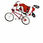 Santa Doing Tricks on a BMX Motocross Bicycle. Flying through the sky. Isolated on a white background.