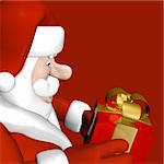 Profile of Santa holding a foil wrapped gift.  Isolated on a Christmas red background.