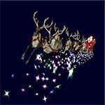 Santa and reindeer flying through an isolated dark blue sky with magic dust/lights.