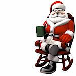 Santa Relaxing in a rocking chair with a cup of candy cane cocoa after a long night of deliveries. Isolated