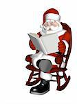 Santa Relaxing in a rocking chair reading a book. The book cover is blank for your logo, text, etc. Isolated on a white background.