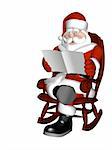 Santa Relaxing in a rocking chair reading a magazine. The magazine cover is blank for your logo, text, etc. Isolated on a white background.