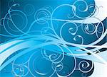 blue abstract background with flowing floral lines and a blue sheen