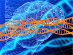 3d rendered illustration of a code, a brain and dna
