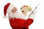 Santa with painting with a colorful paint palette and brush.  Isolated on white.