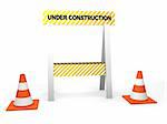 3d rendered illustration of two traffic cones and a street barrier