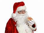 Isolated Santa Clause eating a Christmas cookie.