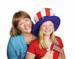 A mother and daughter celebrating the fourth of july.  Isolated on white.