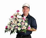 A friendly, smiling flower delivery man.