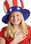 A pretty American girl smiling and saying the Pledge of Allegiance.  White background