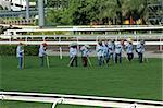 People work on the grass in a horse racing game