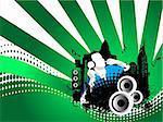 Grunge vector illustration of disc jockey on city background in green