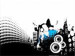 Grunge vector illustration of disc jockey on city background in white