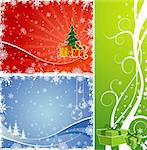 Three christmas background with gift, baubles, Christmas tree, element for design, vector illustration