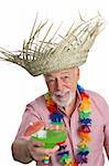 A senior man on a tropical vacation offering you a margarita.