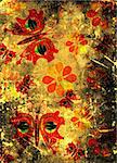 butterflies and flowers on grunge scraped paper