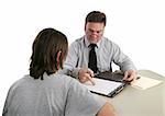 A guidance counselor sternly pointing to a student's permanent record.