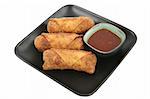 Crispy fried egg rolls with a side of sweet chili sauce for dipping.