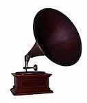 vintage gramophone in dark wood finish isolated opn white background