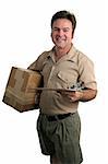 a delivery man with a package and a clipboard - isolated