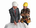 an engineer explaining the blueprints to a construction foreman - isolated