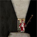 Man in a dirty Santa suit, holding a beer bottle, climbing basement stairs. Bah Humbug Series