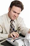 An accountant doing income taxes. Motion blur on his hand to show how fast he is working.  White background.