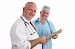 A horizontal view of two handsome, smiling doctors holding a patient's chart.  Isolated. (focus on doctor in foreground)