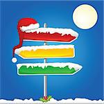 Road signs of different colors covered with snow with a Santa's hat hanging. Vector. Each element on a different layer.