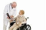 Disabled senior woman consults with her doctor.  Isolated with room for text.