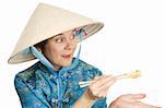 Tourist in Chinatown sharing a Chinese dumpling with someone off camera.  Isolated on white.