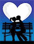 A silhouette of a couple with a heart shaped moon behind them