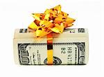 Money roll wrapped in a golden ribbon with a bow on top