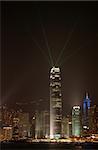 Night scene of skycraper create laser beams in Hong Kong