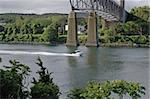 Small boat cruising the Cape Cod Canal, Massachusetts, USA