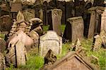 A view of the old Jewish cemetery in Prague. The tombstones are uneven due to age.