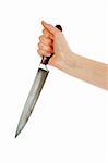 A female hand holding a large butcher  knife (in a stabbing grip)  isolated on white with clipping path.